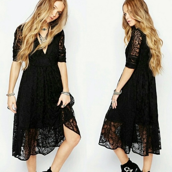 Free People Dresses & Skirts - Free People Mountain Laurel Black Lace Midi Dress Size 6